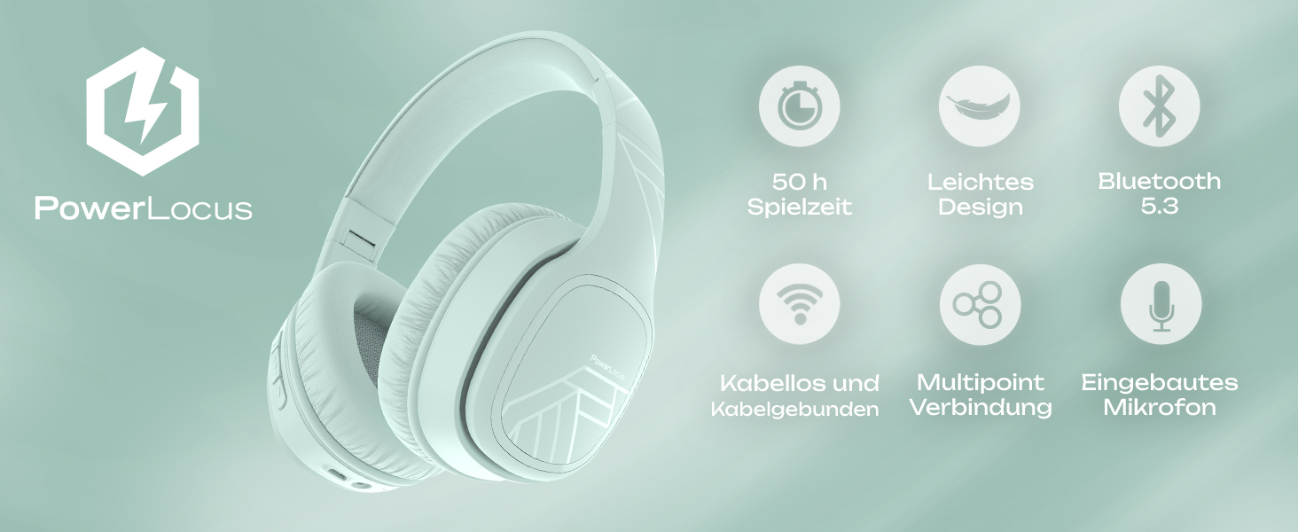 PowerLocus P7 Bluetooth навушники Over-Ear, складані, бездротові з басами, Hi-Fi стерео, з функцією гучного зв'язку, USB-C зарядка та тривалий час роботи для iPhone/PC/TV (М'ятний колір)