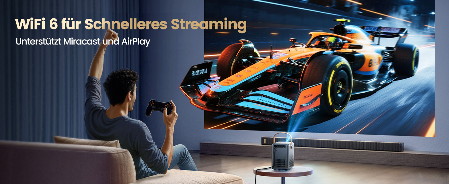 Mini проєктор Beamer 4K з WiFi 6, Dolby Audio та підтримкою Netflix | 1080P Full HD, інтегровані додатки, автоматичне фокусування, вертикальна корекція трапецеїдальних спотворень, короткофокусний, сріблясто-сірий