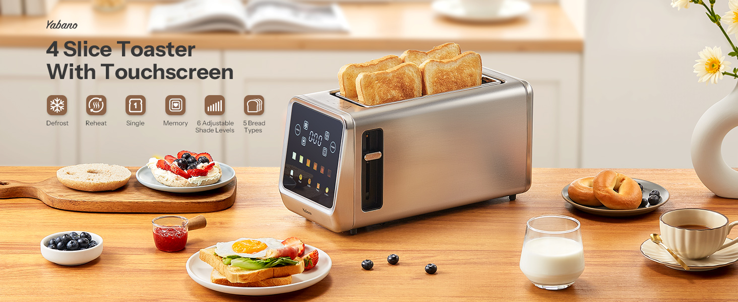 Тостер з нержавіючої сталі з сенсорним екраном та функцією пам'яті, 4-х слайсова модель з 6 рівнями підсмажування та 5 режимами для хліба, функціями розморожування та підігріву, технологією Single Slot