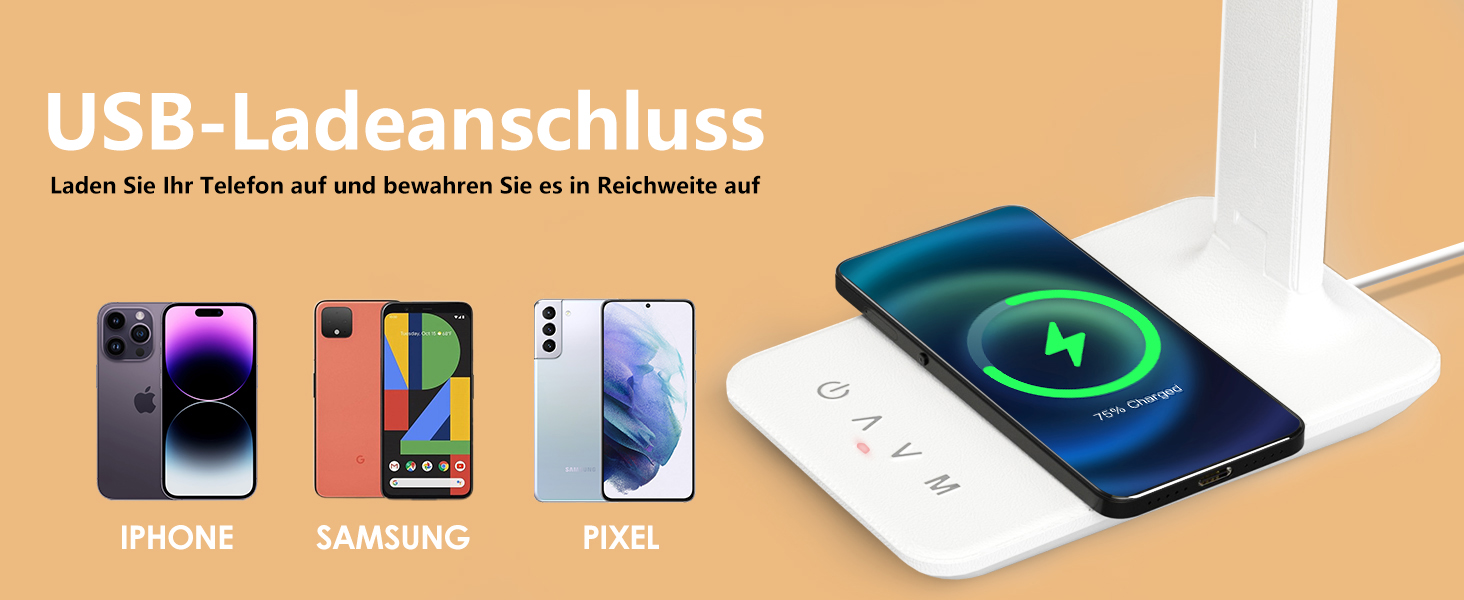 LED настільна лампа з бездротовою зарядкою та USB-портом, диммування, годинник, 3 режими освітлення, Tx26cwhite-eu