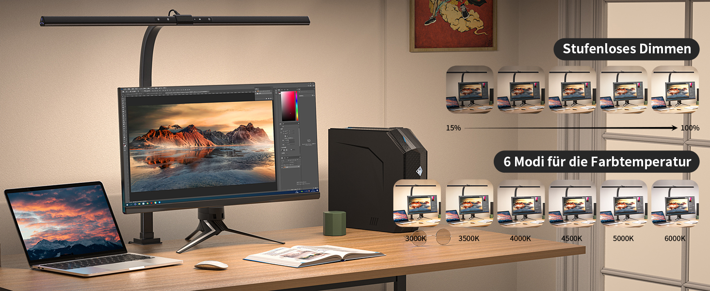 LED лампа для столу 24W, 80 см, регульована яскравість, зміна колірної температури, захист очей, без відблисків, для офісу та дому