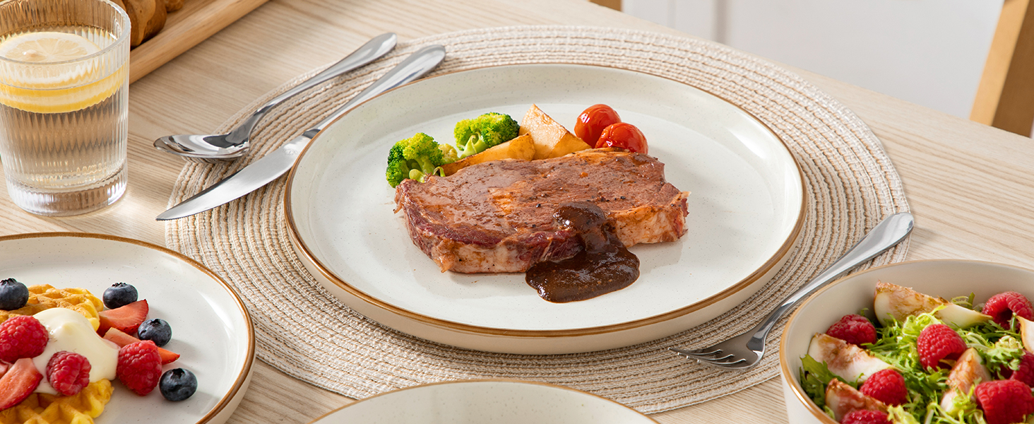 Набір посуду на 6 осіб Vancasso RENO 24 шт. з каменю, сучасний сервіз: тарілки для їжі, супу, десерту, миски. Підходить для миття в посудомийній машині та для використання в мікрохвильовій печі (Бежевий)