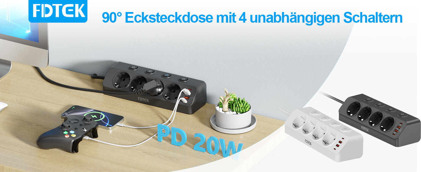 Мережевий адаптер PD 20W з плоским штеплером, розетка FDTEK на 4 слоти з індивідуальним вимикачем, 4000W, 16A, USB-C, розетка для столу з вимикачем, настільна розетка з можливістю монтажу на стіну, 2м кабель, чорний