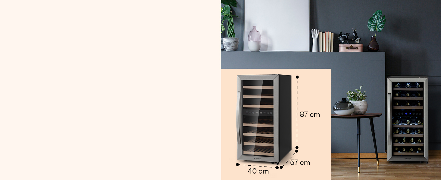 Klarstein 33-Bottle Wine Refrigerator - 2 Zone Freestanding Wine Cooler with Glass Door, Indoor/Outdoor Beersafe, LED Lighting, 5-18°C - Silver/Black