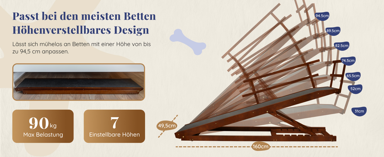 Східці для собак до ліжка з огорожею - для великих собак до 90 кг - регульована висота до 94.5 см - ширина 49.5 см - складаються - антиковзні ручки - з берези - колір натуральний (волоський горіх)