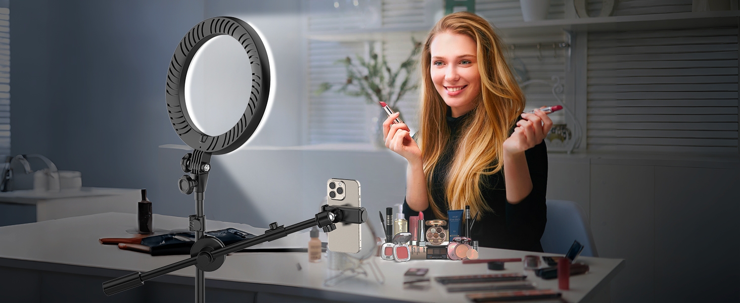 Настільний штатив з кільцевим світлом – подвійний тримач для 2 смартфонів, регульоване кільцеве світло з металевим штативом, 10.5' для коучингу/фуд-блогерів/влогів/мейк-апу/DIY