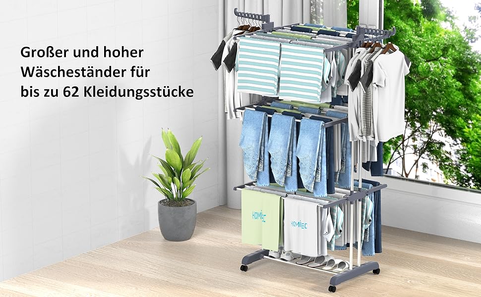 HOMIDEC Clothes Drying Rack Clothes Dryer Tower with Wheels, Space-Saving - with 6 Folding Wings and 2 Swivel Side Wings, Stainless Steel Standing Dryer Clothes Tower for Indoor and Outdoor Use, Grey Grey XL