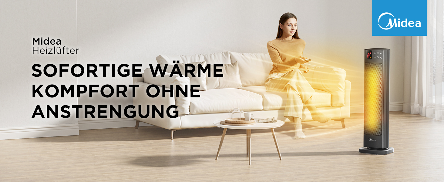 Електричний обігрівач Midea Ceramic 2000W з термостатом, 3 режими, таймер 24г, захист від перегріву та перекидання, миттєве тепло для офісу та спальні (сірий, 58см)