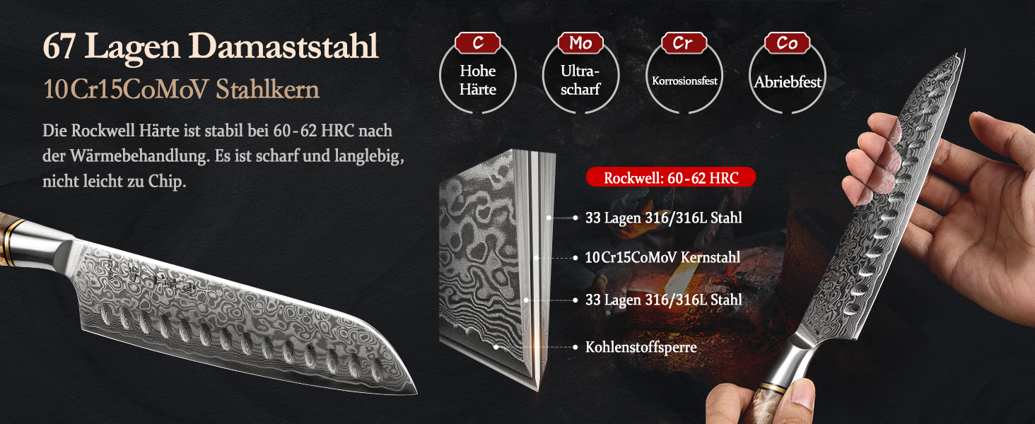 HEZHEN Кухонний ніж Gyuto 21см з дамаської сталі VG10, преміум якість, з ручкою з берези, для дому та ресторану