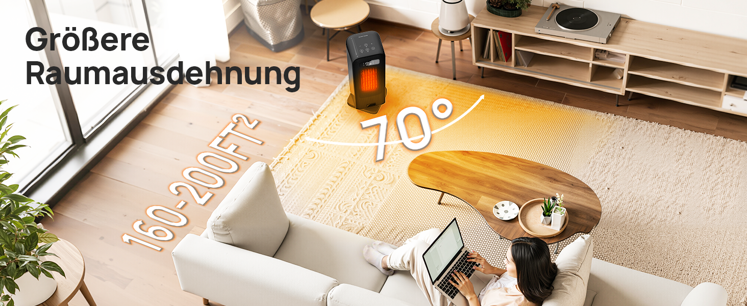 Електричний обігрівач PTC, 2000W, керамічний, тихий, з термостатом та пультом ДУ, ECO режим, 70° осциляція, таймер 12h, захист від перегріву та перекидання, чорний, 1 шт (40см)