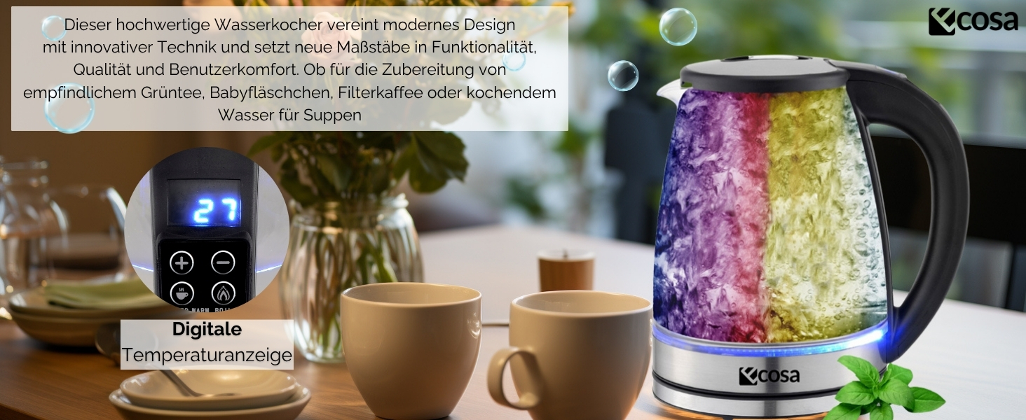 Електричний чайник Ecosa® зі скляною колбою та нержавіючою сталлю, 1,8 л, 2200 Вт, регулювання температури 40°C-100°C, з підігрівом, LED-підсвічуванням, BPA Free