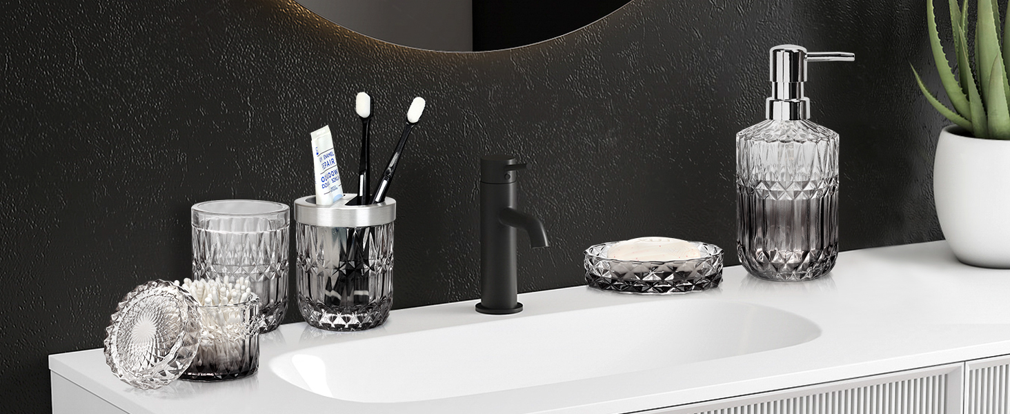 Набір аксесуарів для ванної кімнати 5 предметів: дозатор для мила та лосьйону, склянка для зубних щіток, стаканчик, мильничка, органайзер зі скла - сучасний дизайн для ванної, кухні, косметичного столика, декор (прозорий/чорний)