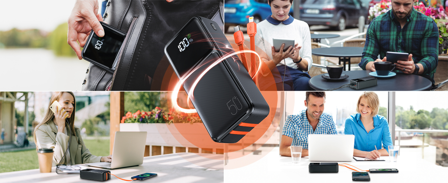 Power Bank 50000mAh з кабелем, швидка зарядка USB-C PD20W/QC22.5W, LED-індикатор, 2 входи/5 виходів, для телефонів, планшетів, подорожей, кемпінгу - Чорний