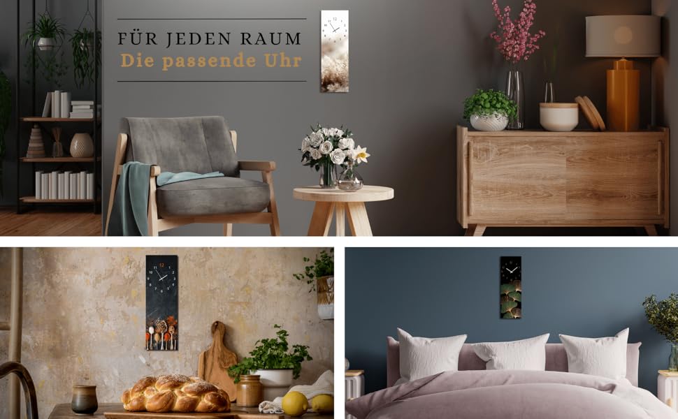 Скляний настінний годинник Calm Grasses 20x60 см безшумний, металеві стрілки, для вітальні та спальні, натуральний дизайн з рослинами, вироблено в ЄС
