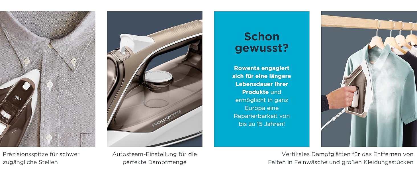 Праска Rowenta Effective+ з парою, 2400 Вт, 120 г/хв (паровий удар), 40 г/хв (постійна подача пари), Antikalk-система, розподіл пари, антинакип, керамічна підошва, мідно-білий, DX1635