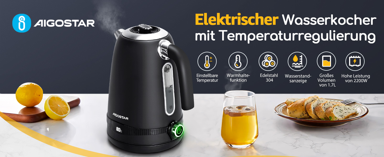 Електричний чайник Aigostar з регулюванням температури 1,7 л, ретро-дизайн, чорний матовий, цифровий дисплей, функція підтримання тепла, без пластику всередині, BPA-free