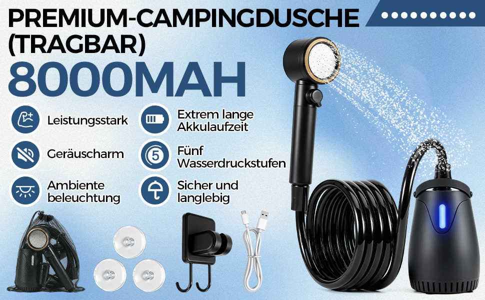 Портативний душ для кемпінгу Campingdusche 8000mAh з насосом та дисплеєм