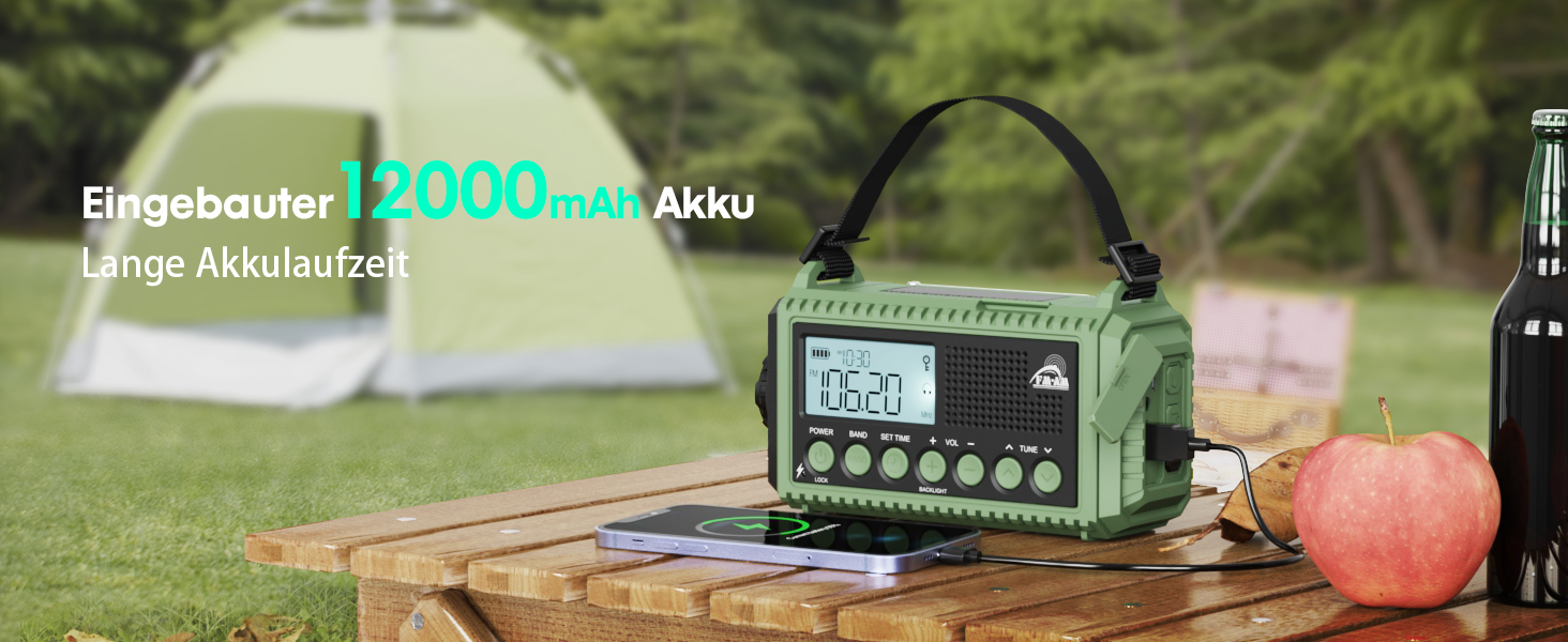 Радіоприймач Kurbelradio на 12000 mAh з ручним заводом, сонячною панеллю та SOS-сигналом. AM/FM/SW радіоприймач з USB-зарядкою, ліхтарик та світло для читання. Ідеально для кемпінгу, надзвичайних ситуацій та відключень електроенергії. Зелений колір.