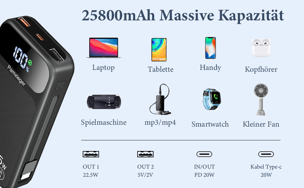 Power Bank 25800mAh 22,5W з LCD дисплеєм: швидка зарядка PD3.0 QC4.0, USB-C вхід/вихід, портативний зарядний пристрій для смартфонів