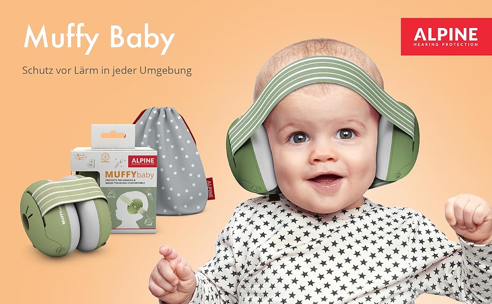 Захисні навушники Alpine Muffy Baby Klassik для дітей до 36 місяців - захист від шуму, антиковзне регульоване наголов'я, безпечні та сертифіковані в Німеччині, зелений колір