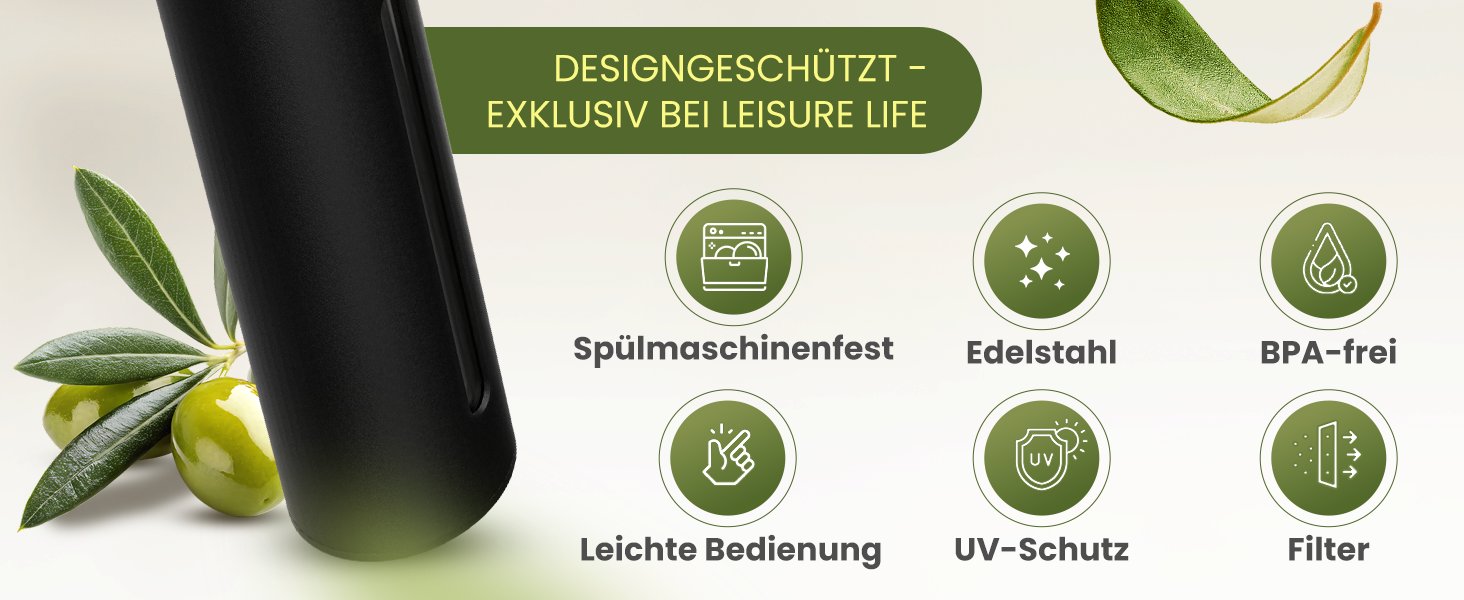 Розпилювач олії Leisure Life® Premium 2.0 – 100 мл, нержавіюча сталь, захист від УФ, без BPA, можна мити в посудомийній машині, для кухні, гриля та аерофритюрниці (Noir Steel)