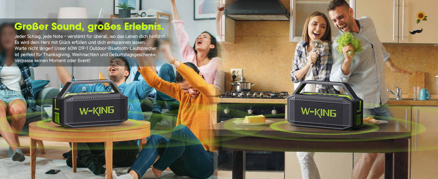W-KING Bluetooth колонка 100W (60W) IPX6, портативна, глибокий бас, до 40 годин, TF/AUX/EQ, зелена