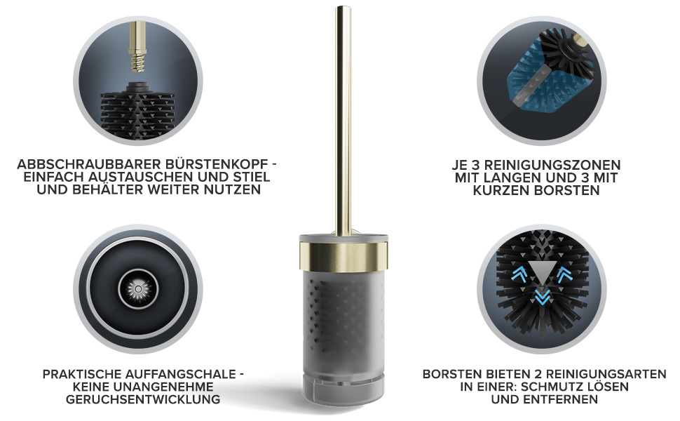 Набір для чищення унітазу Ovimar Finnkona з кріпленням на стіну без свердління | Силіконова щітка для унітазу з вентиляцією | Виготовлена з порошково-пофарбованої нержавіючої сталі | Змінний насадка для унітазу (золота)