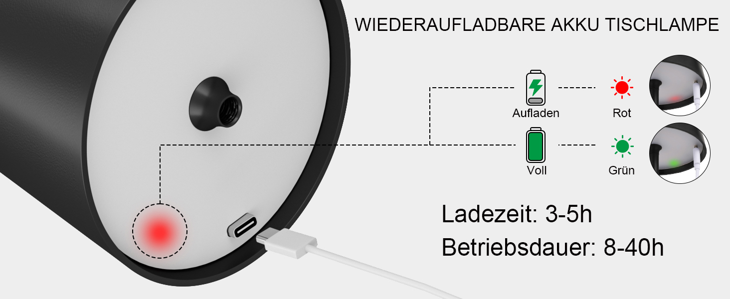Набір з 2 бездротових настільних світильників LED з акумулятором, сенсорне регулювання яскравості, 3 режими кольору, USB-C зарядка для спальні, столу, кемпінгу (Чорний)