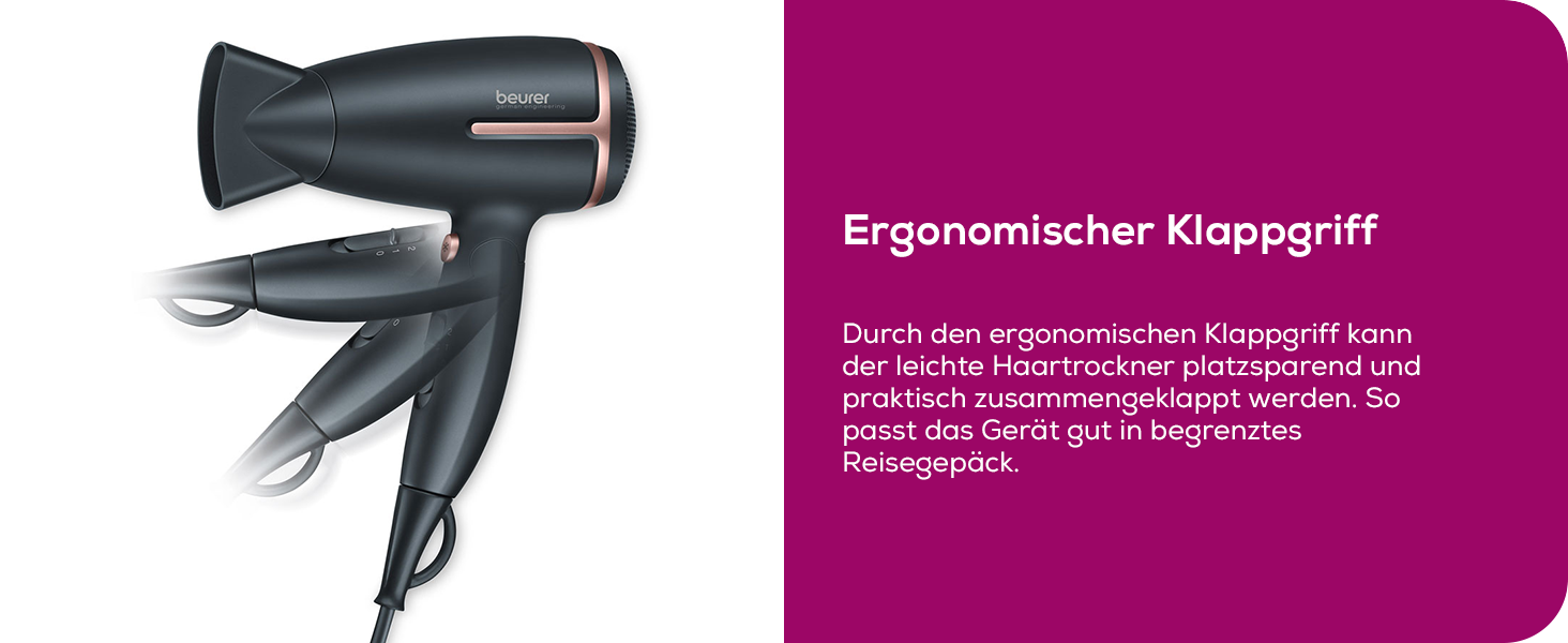 Фен дорожній Beurer HC 25 зі складною ручкою, іонізація, 1600 Вт, для подорожей, 110-240V