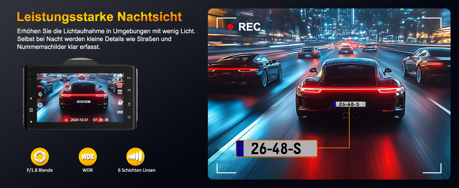 Відеореєстратор Auto Dashcam 4K+1080P з Wi-Fi, 64GB, IPS 3' екраном, Нічне бачення, G-сенсор, Loop-запис, 170°+140° Кут огляду, Паркінг 24/7, Керування через App, Підтримка до 256GB