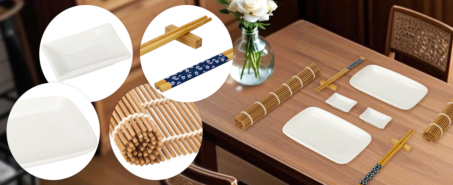 Набір для суші Exzact (10 шт.) – 2 тарілки, 2 миски для соусу, 2 підставки під столові прилади, 2 пари паличок для їжі – високоякісний фарфор, у подарунковій коробці – блакитний колір