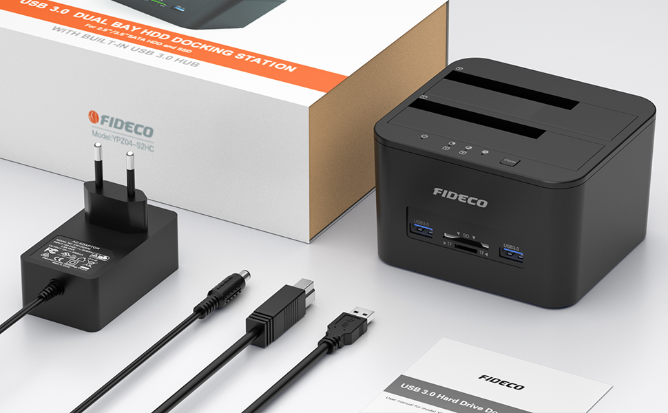 Док-станція для жорстких дисків FIDECO з двома відсіками, USB 3.0, підтримка UASP, TF/SD карт, для HDD/SSD SATA 2.5