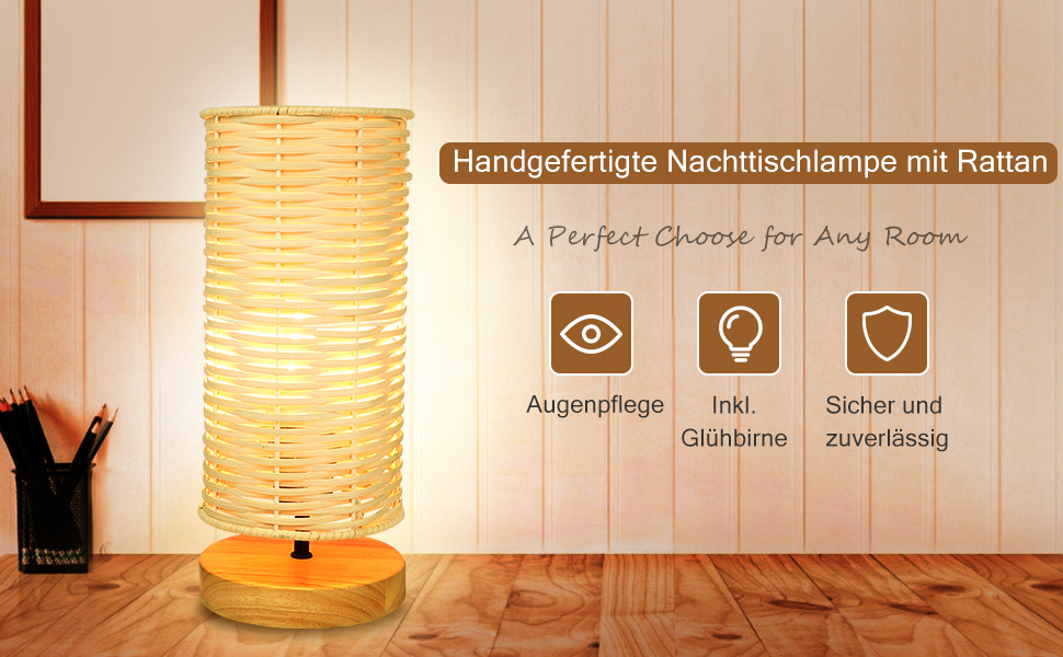 Сучасна LED лампа Depuley на стіл, бамбук та дерево, кругла, з абажуром з ротангу, 60 Вт, патрон E27, нічник, лампа для читання в спальню, дитячу кімнату, з лампою, Rund-1