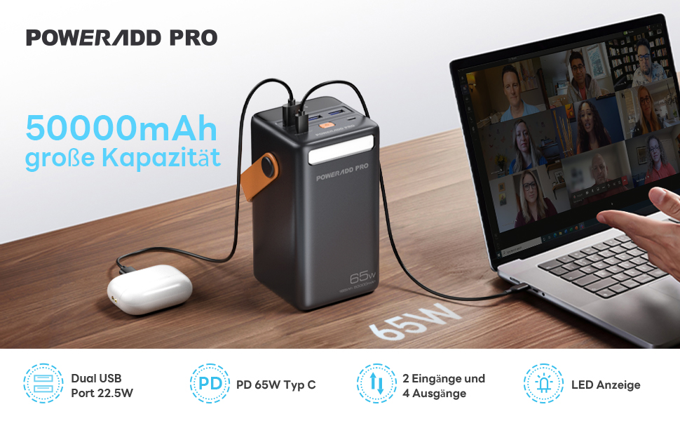 Powerbank 65W з USB-C, 50000mAh, LED дисплеєм, для ноутбуків, MacBook, телефонів (Samsung S23), чорний