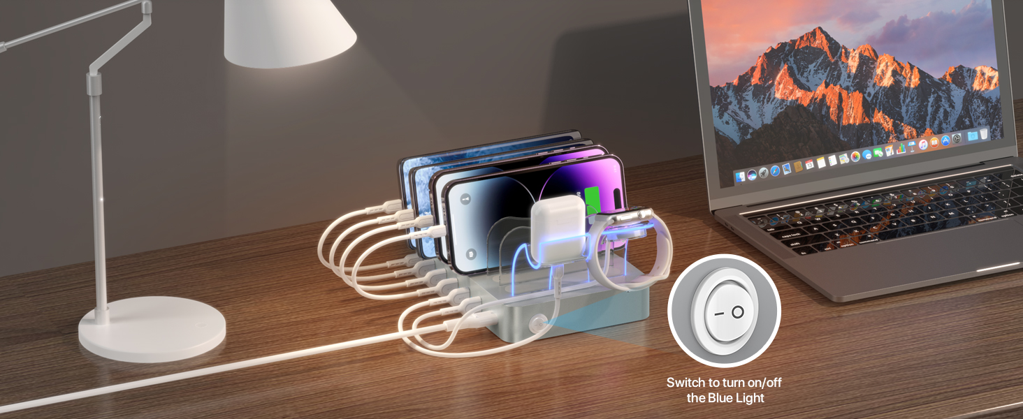 Зарядна станція SooPii USB 60W/12A з 6 портами, органайзер для декількох пристроїв з тримачем для Apple Watch, 6 кабелів в комплекті (срібло)