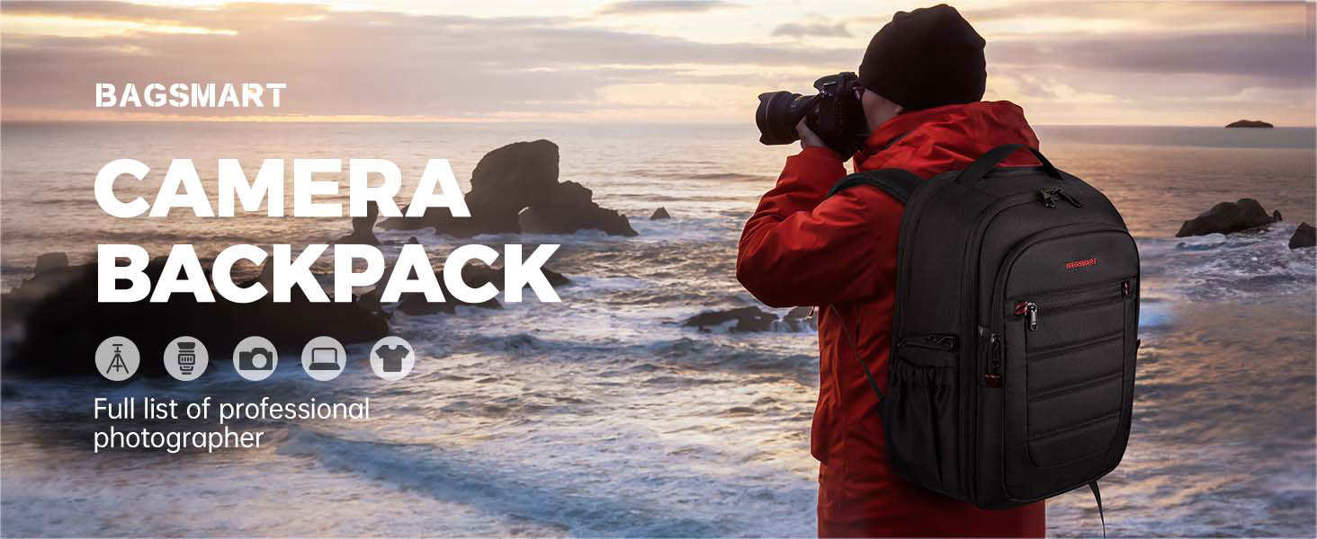 Сумка-рюкзак для фотокамери Bagsmart: водонепроникний рюкзак для фотографів з відділенням для ноутбука 15,6 дюймів, чорний