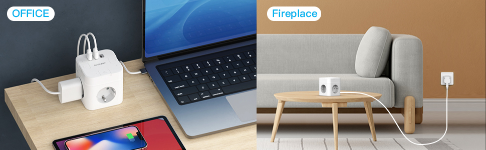 Багатофункціональний розподільник розеток 6 в 1 з USB-C, 3 розетки, плоский штекер, індивідуальне вмикання, кабель 2м, 1 USB-C, для офісу, дому, подорожей (білий)