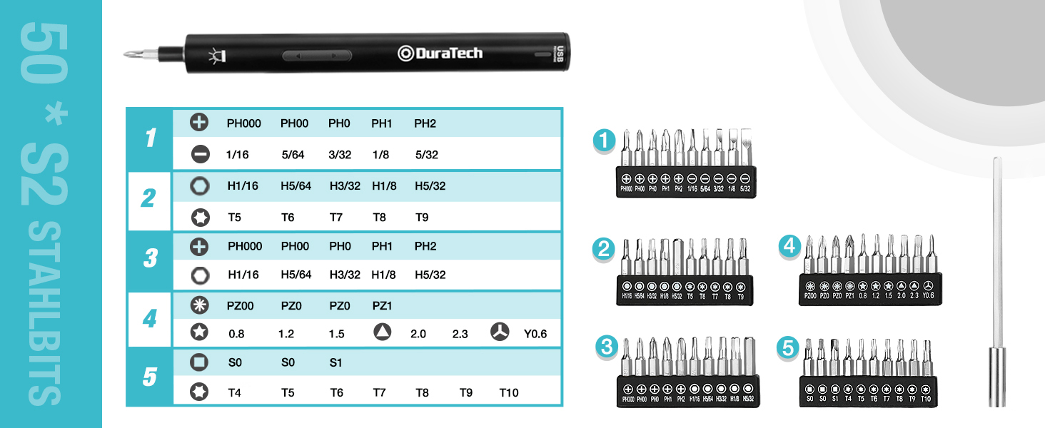 DURATECH Набір прецизійних електричних викруток з 50 бітами. Міні-набір електричних викруток 3,6 В з LED-підсвічуванням для годинників, ноутбуків, окулярів, іграшок. Ідеально для майстрів, DIY-ентузіастів та ремонту техніки.