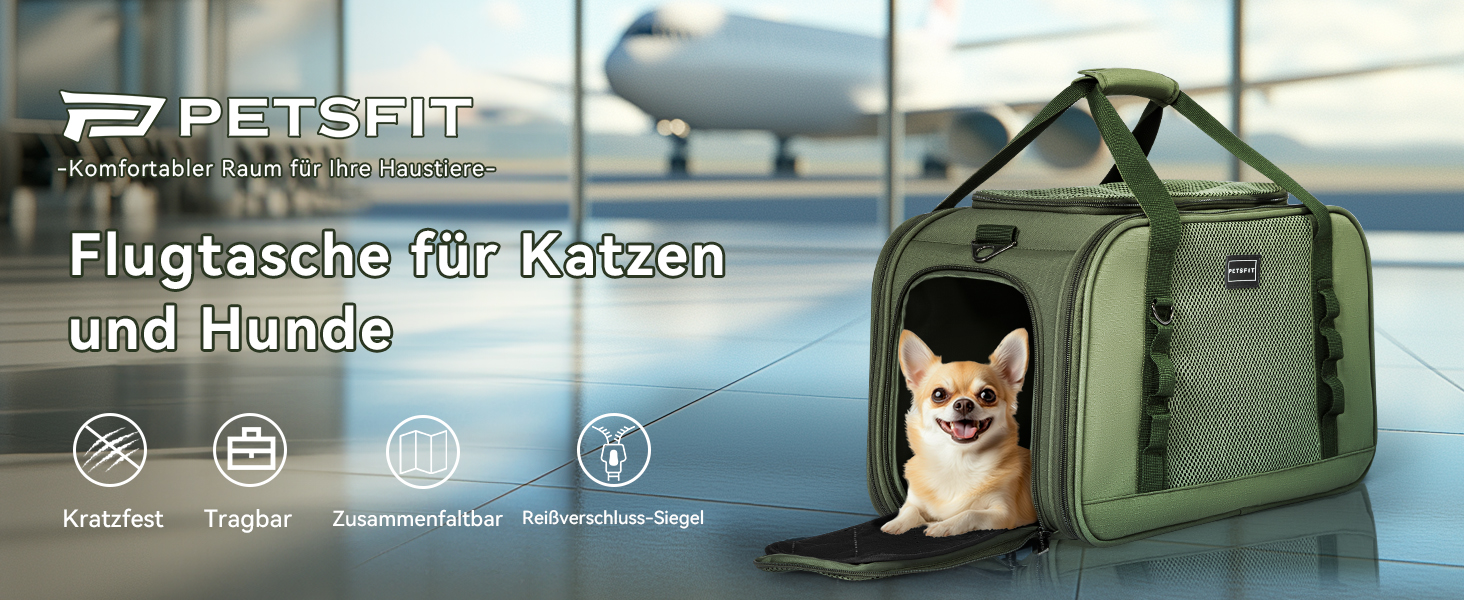 Транспортна переноска для кота та собаки Petsfit - міцна, дихаюча, з ковдрою та ручкою-телескопом, оливковий (49x23x28 см)