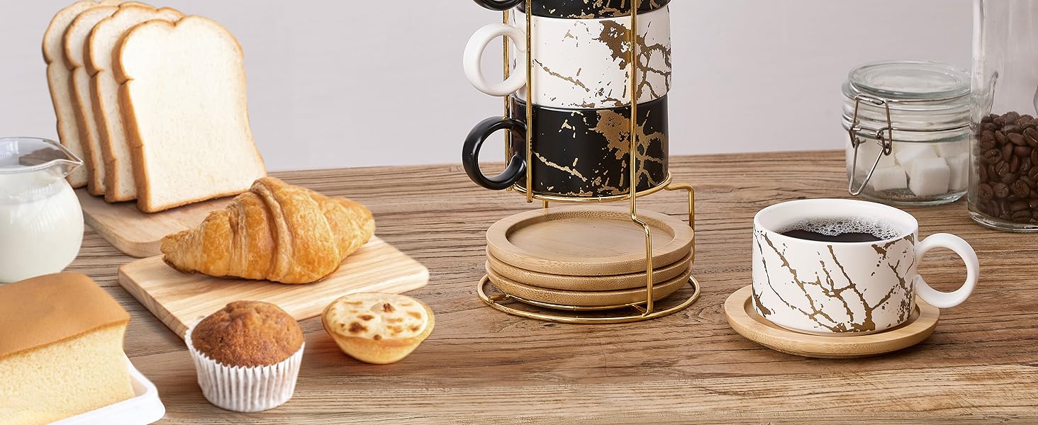 Набір чашок кавових Cappuccino HOME DECOR - 4 шт. по 160 мл з підставками та стійкою - 160 мл, кераміка, для еспресо, капучино, лате, мармурова колекція