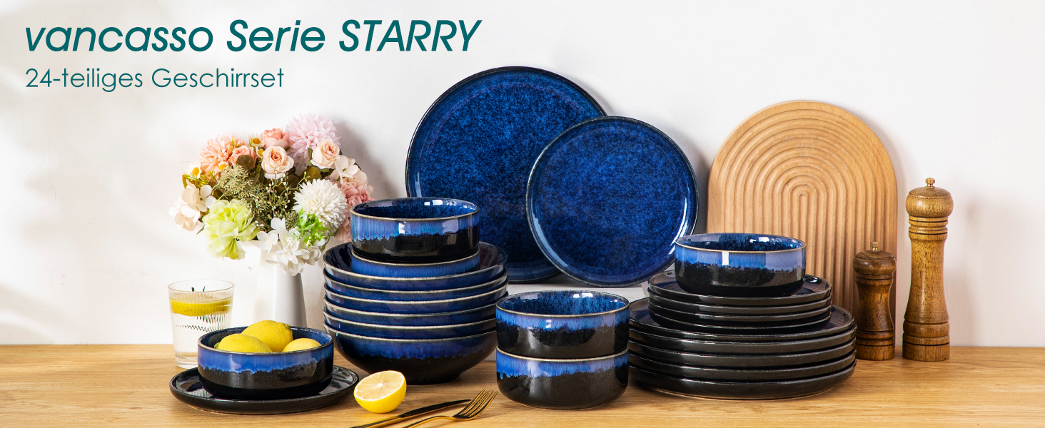 Vancasso Starry 24-Piece Blue Stoneware Dinnerware Set for 6 - Complete Tableware Set with Plates, Bowls