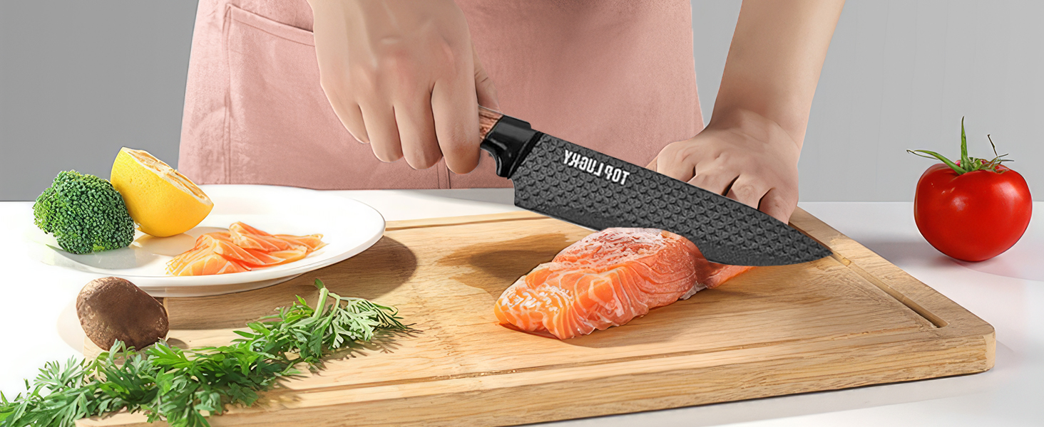 Набір кухонних ножів, 6 предметів, чорний, гострий, з антипригарним покриттям, нержавіюча сталь, з підставкою для ножів (чорний)