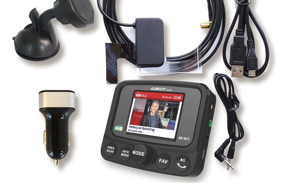 DAB+ адаптер Albrecht DR 56 C для автрадіо з FM-трансмітером, музичний стрімінг, кольоровий дисплей, чорний