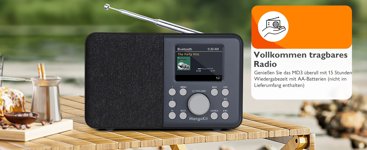 Портативне цифрове радіо MD3 DAB/DAB+/FM з Bluetooth, динаміком та навушниками, 40 станцій, будильник, годинник, таймер, кольоровий дисплей, батарея та мережа (темно-сірий)