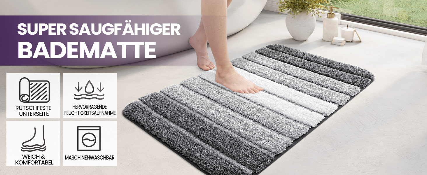 DEXI Non-Slip Bathroom Rug - Absorbent Bath Mat 60 x 110 cm - Washable, Soft & Grey