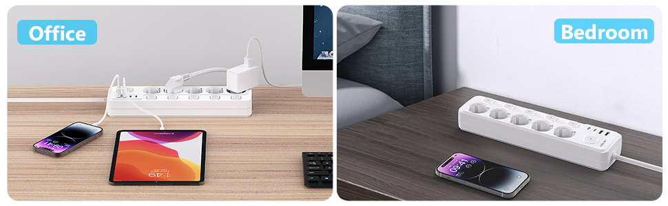 Смуга розеток JSVER на 5 розеток з індивідуальним вимикачем, 2 USB-A та 2 USB-C (17W), 2м кабель живлення для смартфонів та ноутбуків - білий