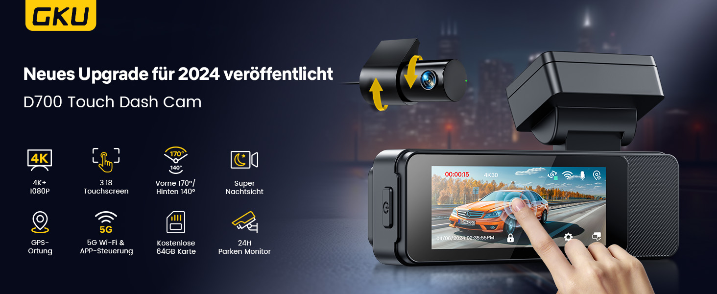 Відеореєстратор GKU Dashcam Auto: 4K/2.5K, GPS, Wi-Fi, Dual, 64GB, Паркування, WDR, 170° Кут огляду, G-сенсор, Loop, Макс. 256GB, Чорний