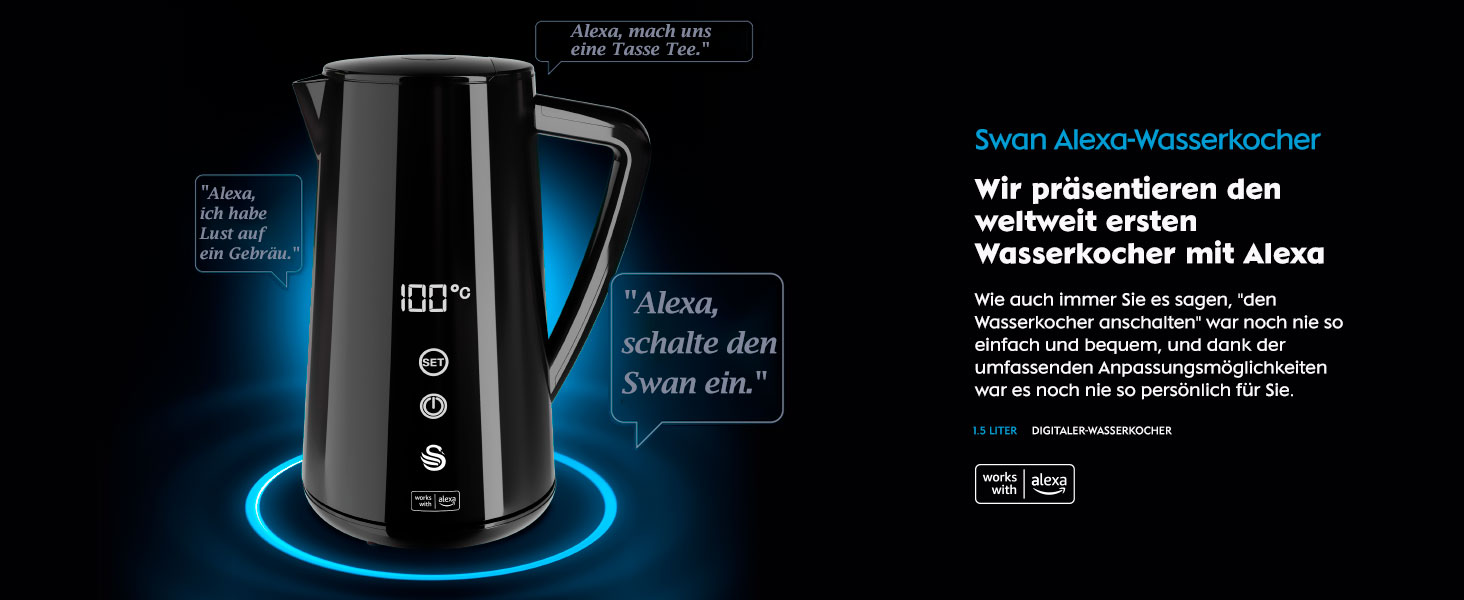 Чайник електричний Swan Alexa WIFI, 1.5л, з регулюванням температури, чорний, бездротовий, LED-сенсорний екран, функція підтримання тепла, Cool Touch, ізольована сталева стінка, 1800W, SK14650BLKNEU