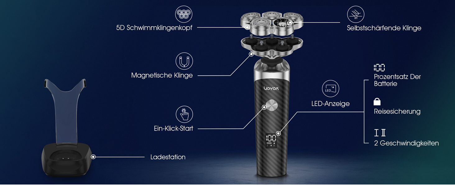 Електричний гоління для чоловіків VOYOR TX500: 5D, мокрий/сухий, бездротовий, LED дисплей, 150 хв роботи (чорний)
