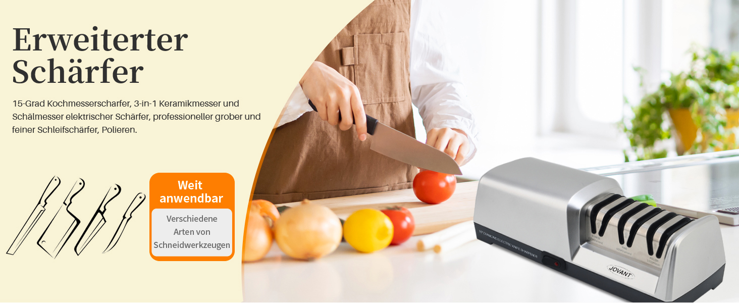 Електричний точило для ножів 15 градусів 3-в-1 для м'яса та овочів, професійний, для грубого, тонкого шліфування та полірування кухонних ножів (включно з кухонними ножами)